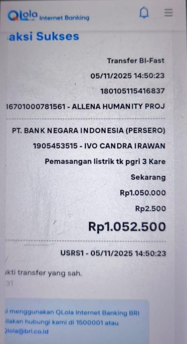 Erni Hari Wuryanto Turun Tangan Bantu Listrik untuk Sekolah di Pelosok Madiun 2 Keterangan bukti transfer via M-Banking.